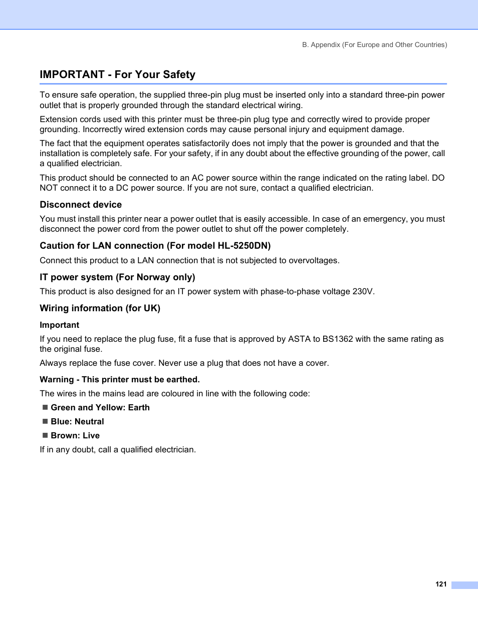 Important - for your safety, Disconnect device, Caution for lan connection (for model hl-5250dn) | It power system (for norway only), Wiring information (for uk) | Brother HL-5250DN Series User Manual | Page 129 / 138