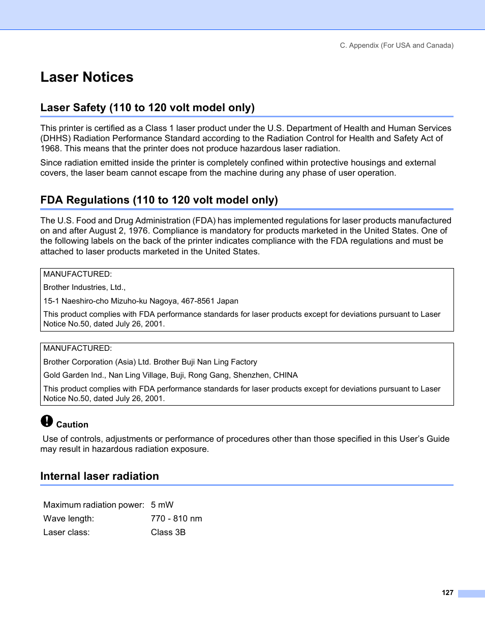 Laser notices, Laser safety (110 to 120 volt model only), Fda regulations (110 to 120 volt model only) | Internal laser radiation | Brother HL-5250DN Series User Manual | Page 135 / 138