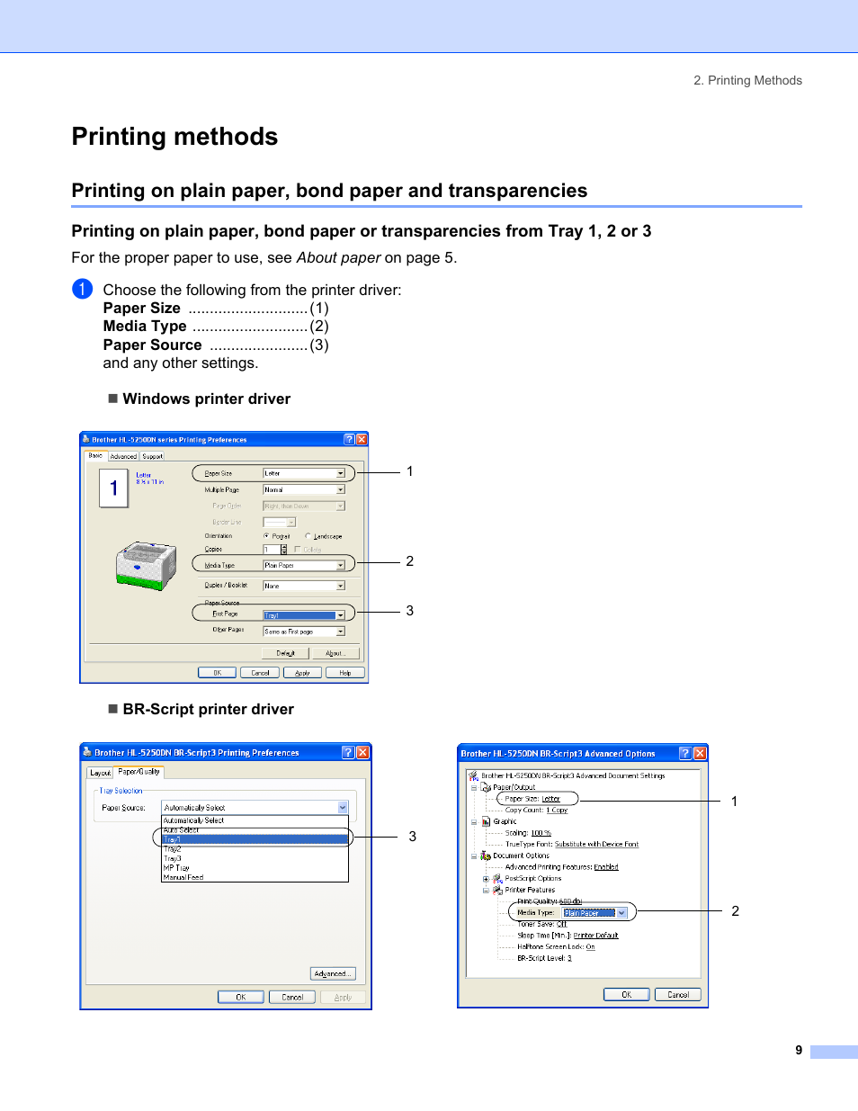 Printing methods | Brother HL-5250DN Series User Manual | Page 17 / 138