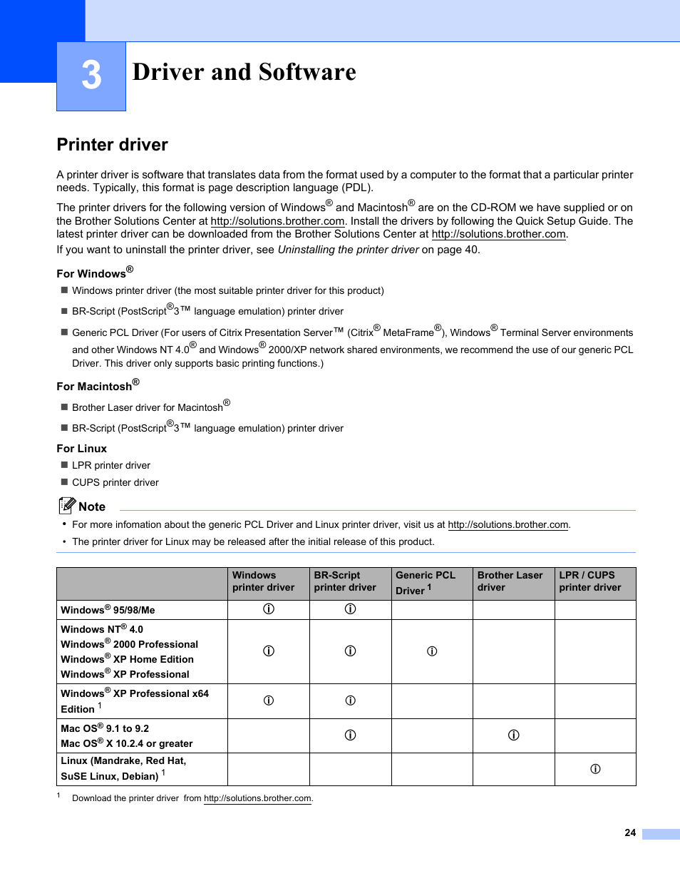 3 driver and software, Printer driver, Driver and software | Brother HL-5250DN Series User Manual | Page 32 / 138