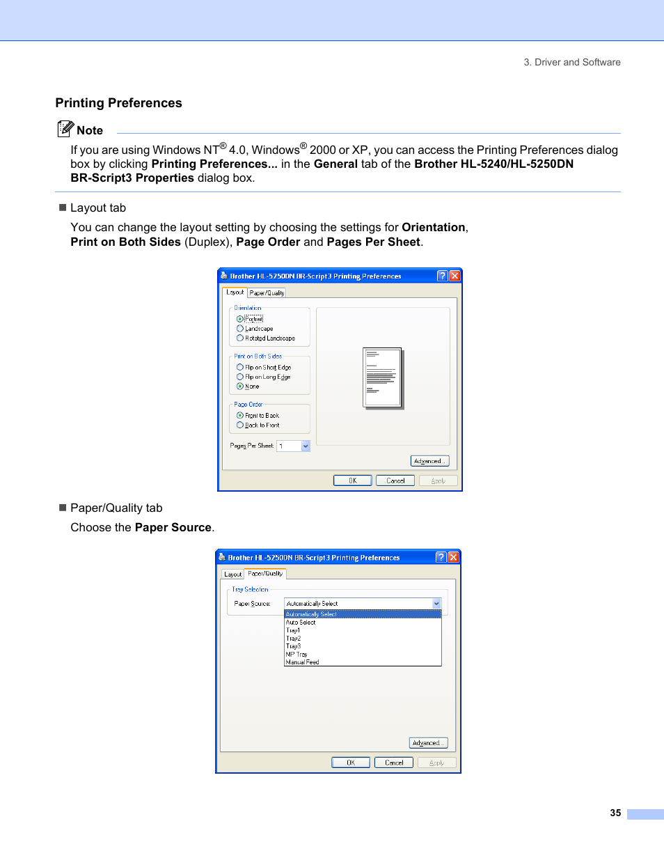 Printing preferences | Brother HL-5250DN Series User Manual | Page 43 / 138