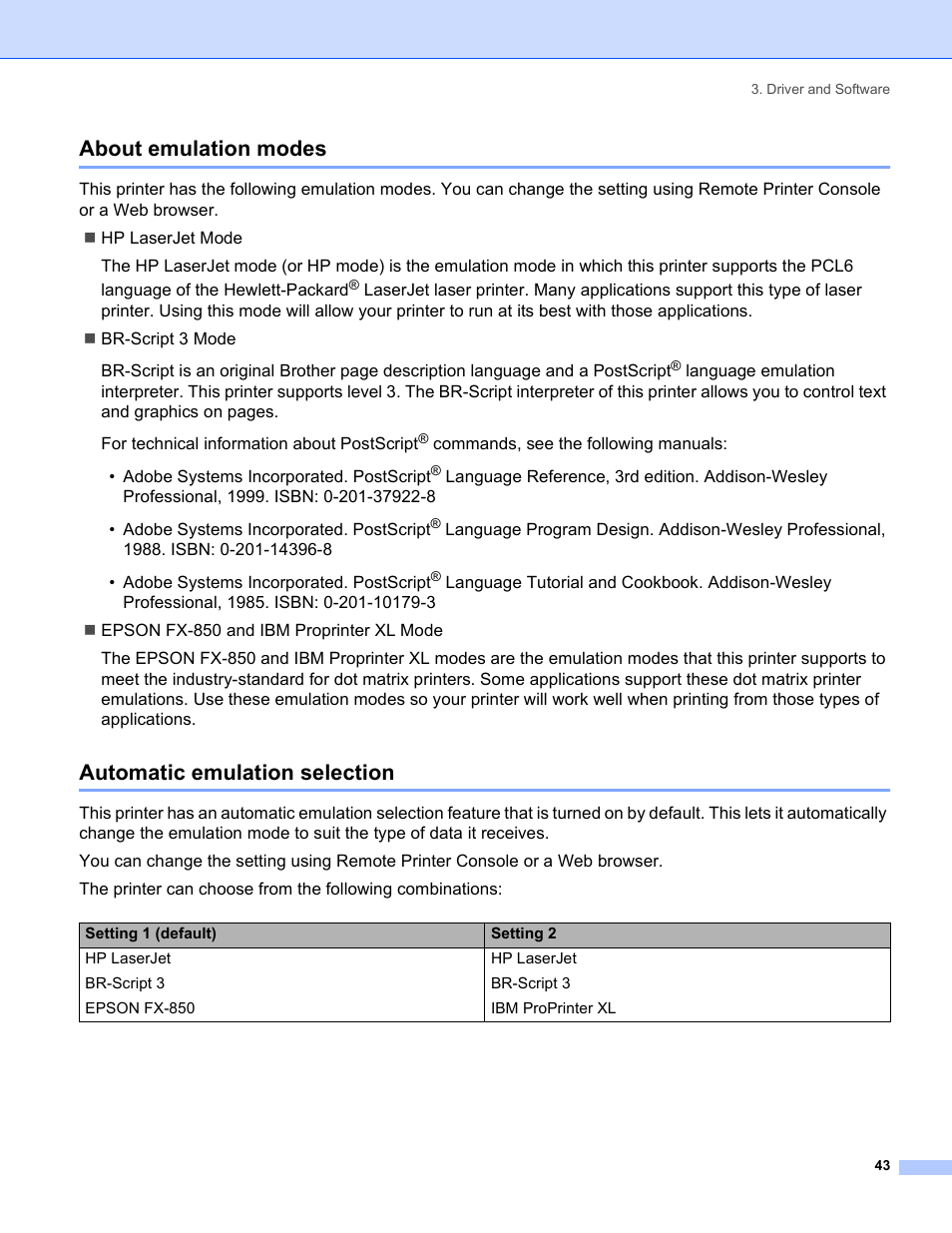 About emulation modes, Automatic emulation selection | Brother HL-5250DN Series User Manual | Page 51 / 138