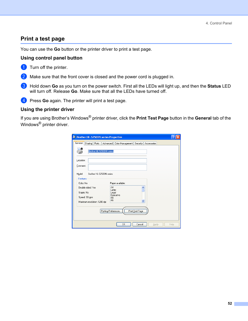 Using control panel button, Using the printer driver, Print a test page | Brother HL-5250DN Series User Manual | Page 60 / 138