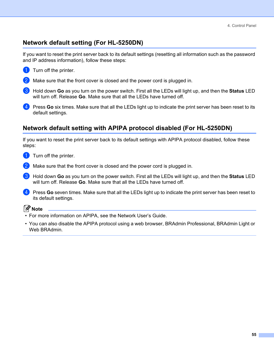 Network default setting (for hl-5250dn) | Brother HL-5250DN Series User Manual | Page 63 / 138