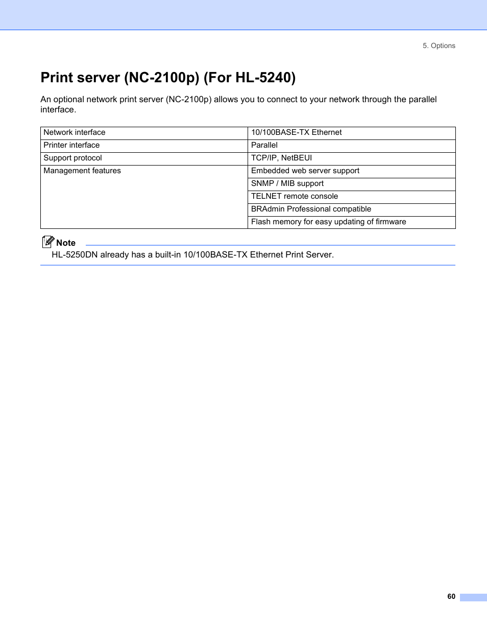 Print server (nc-2100p) (for hl-5240) | Brother HL-5250DN Series User Manual | Page 68 / 138