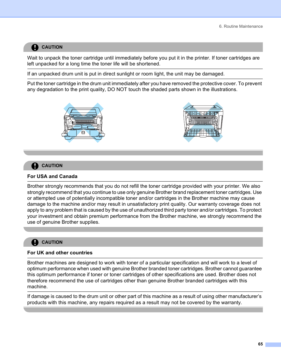 For usa and canada, For uk and other countries, Caution | Routine maintenance 65 | Brother HL-5250DN Series User Manual | Page 73 / 138