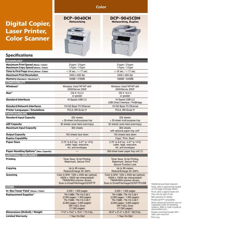 Digital copier, laser printer, color scanner, Specifications, Dcp-9045cdn | Dcp-9040cn, Color | Brother COMPACT DCP-8060 User Manual | Page 3 / 7