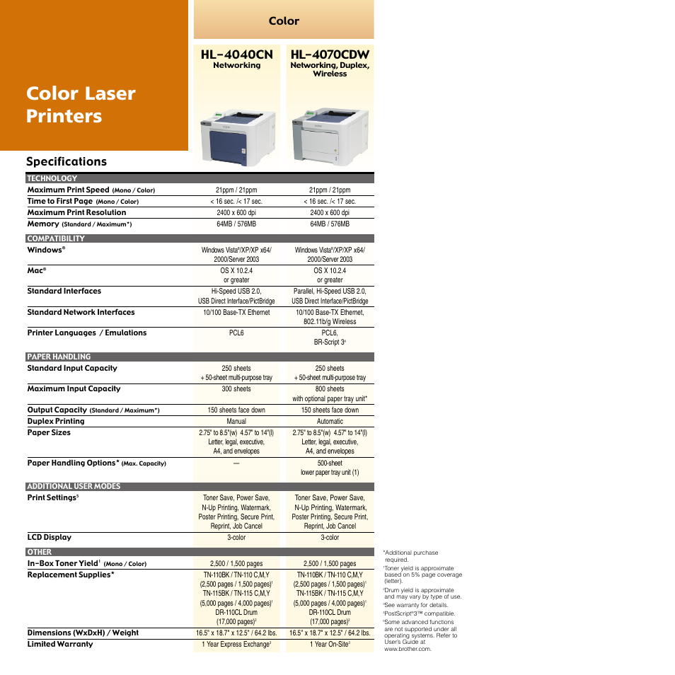 Color laser printers, Specifications hl-4040cn, Hl-4070cdw | Color | Brother COMPACT DCP-8060 User Manual | Page 7 / 7