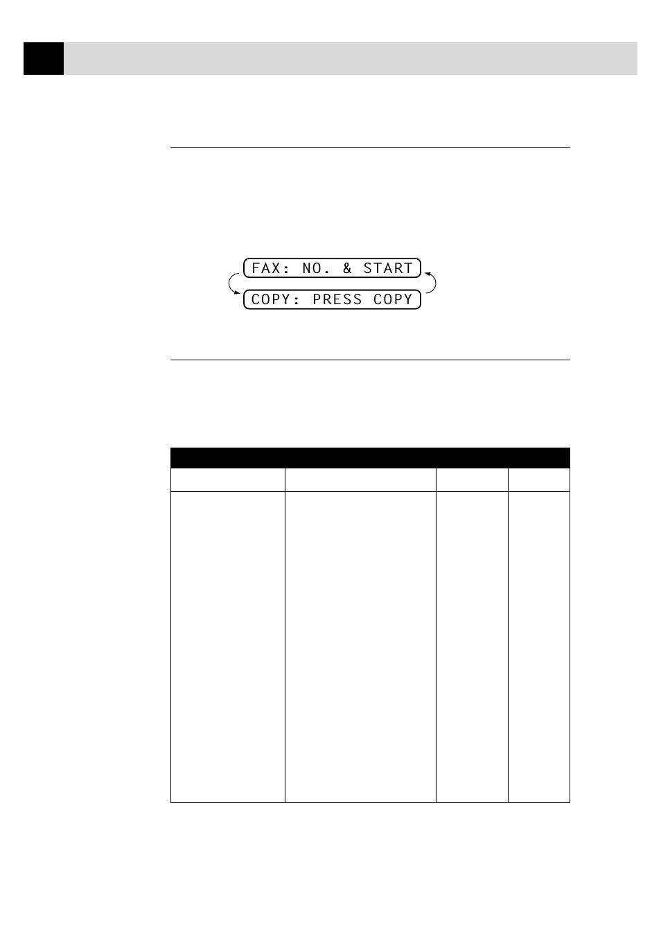 Alternating displays, Function selection table, Fax: no. & start copy: press copy | Brother 8060P MFC-9060 User Manual | Page 32 / 186