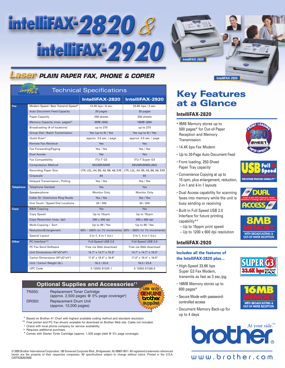Key features at a glance, Technical specifications, Intellifax-2820 | Intellifax-2920, Optional supplies and accessories | Brother LASER 2920 User Manual | Page 2 / 2