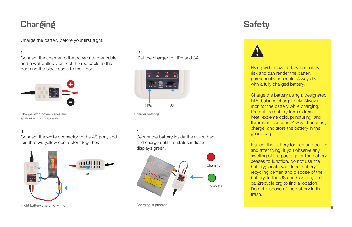 Charging, Safety | 3D Robotics X8 Plus User Manual | Page 10 / 36