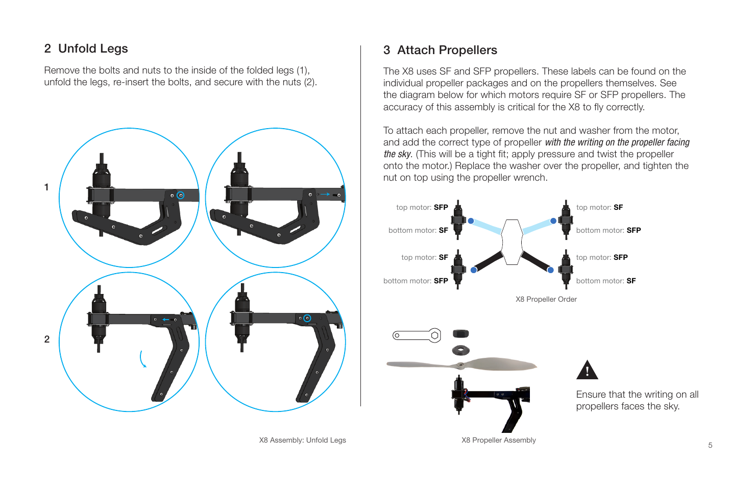 2 unfold legs, 3 attach propellers | 3D Robotics X8 Plus User Manual | Page 7 / 36