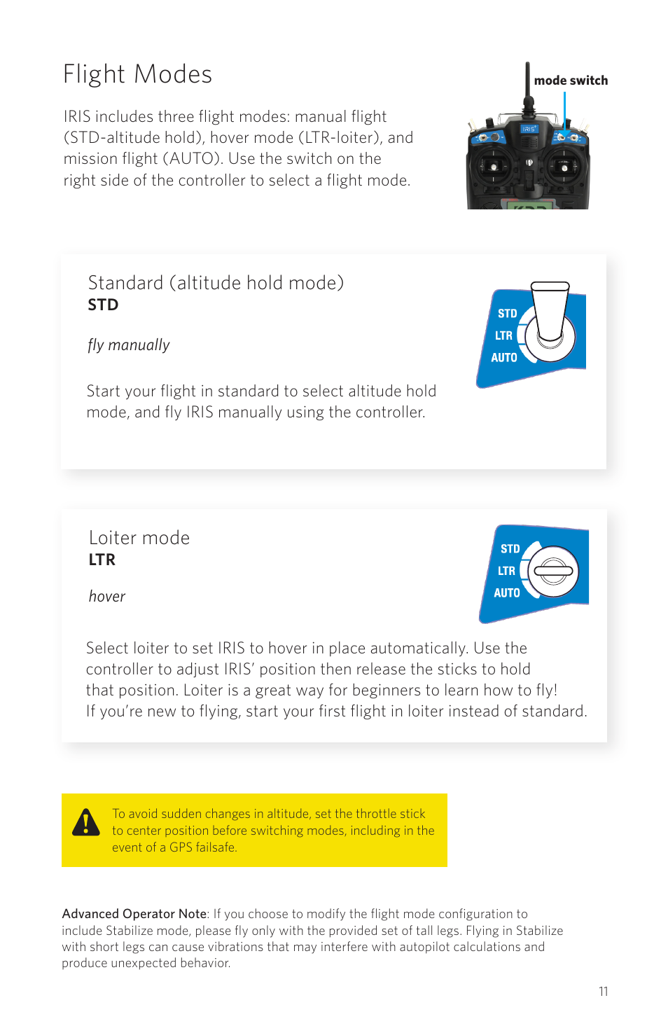 Flight modes, Standard (altitude hold mode), Loiter mode | 3D Robotics IRIS Plus User Manual | Page 13 / 24