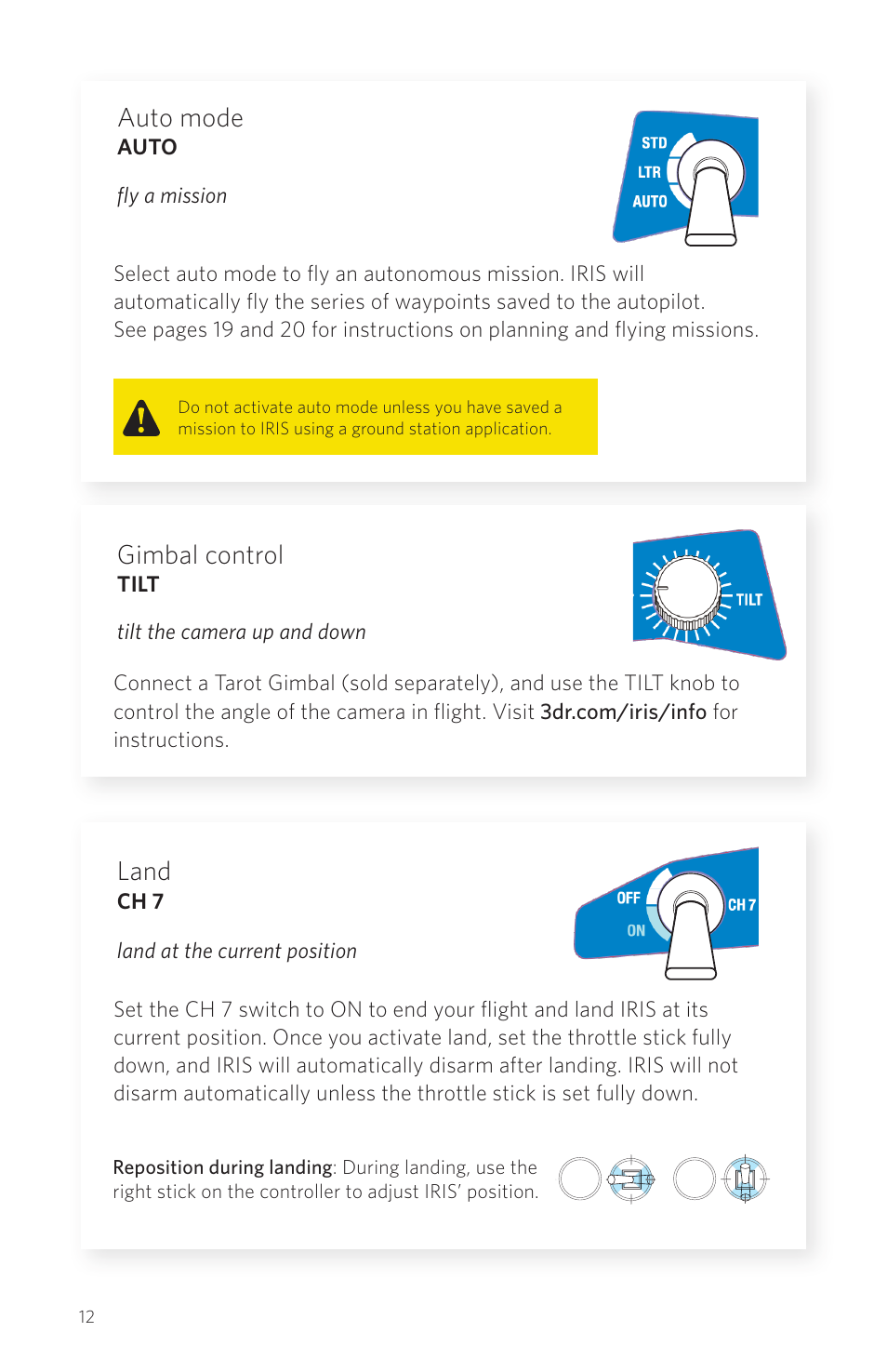 Auto mode, Gimbal control, Land | 3D Robotics IRIS Plus User Manual | Page 14 / 24