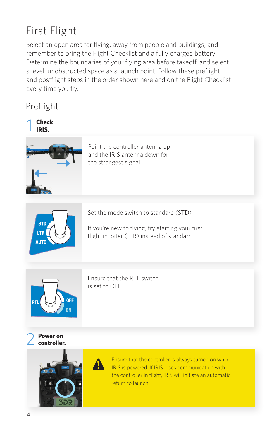 First flight, Preflight | 3D Robotics IRIS Plus User Manual | Page 16 / 24