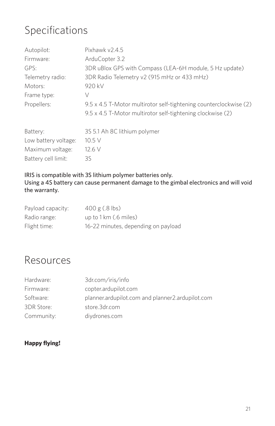 Specifications, Resources | 3D Robotics IRIS Plus User Manual | Page 23 / 24