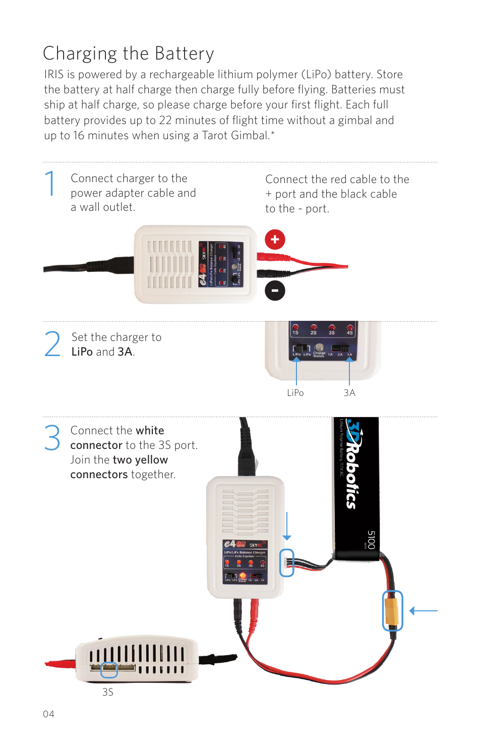 Charging the battery | 3D Robotics IRIS Plus User Manual | Page 6 / 24