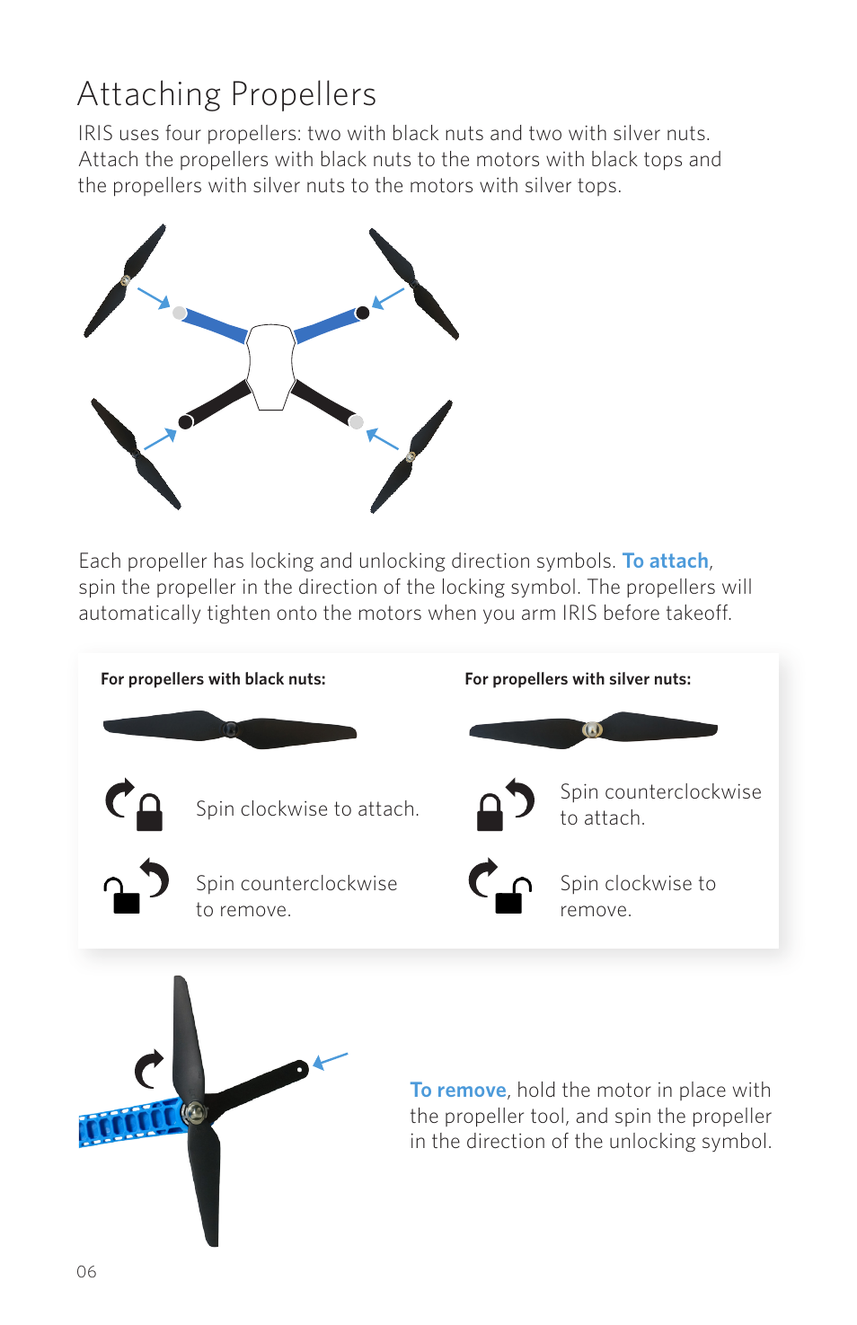 Attaching propellers | 3D Robotics IRIS Plus User Manual | Page 8 / 24