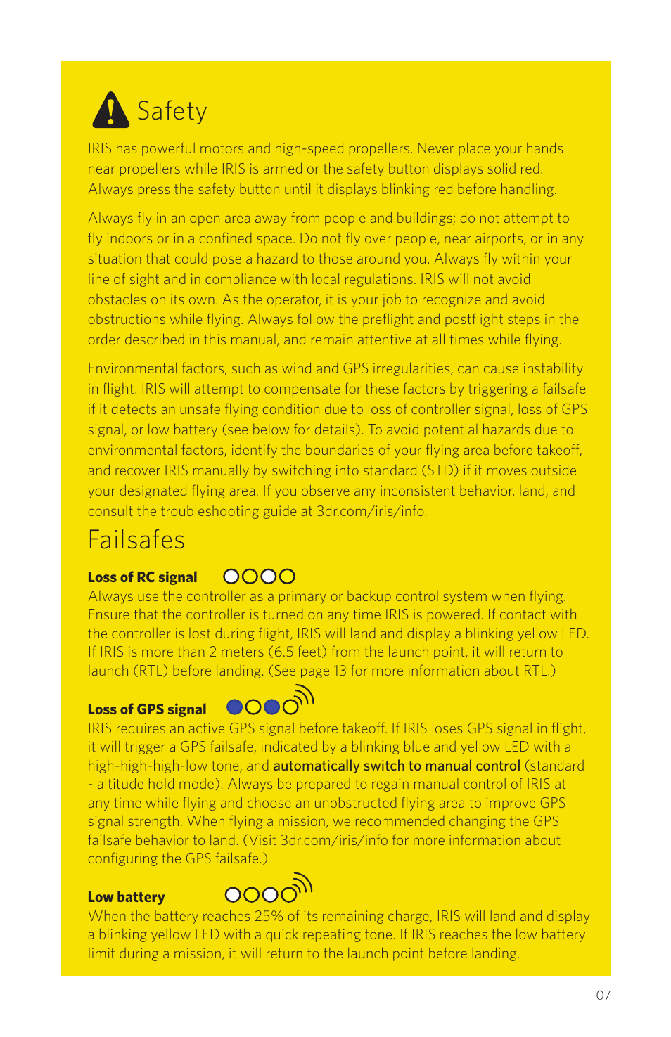 Failsafes, Safety | 3D Robotics IRIS Plus User Manual | Page 9 / 24