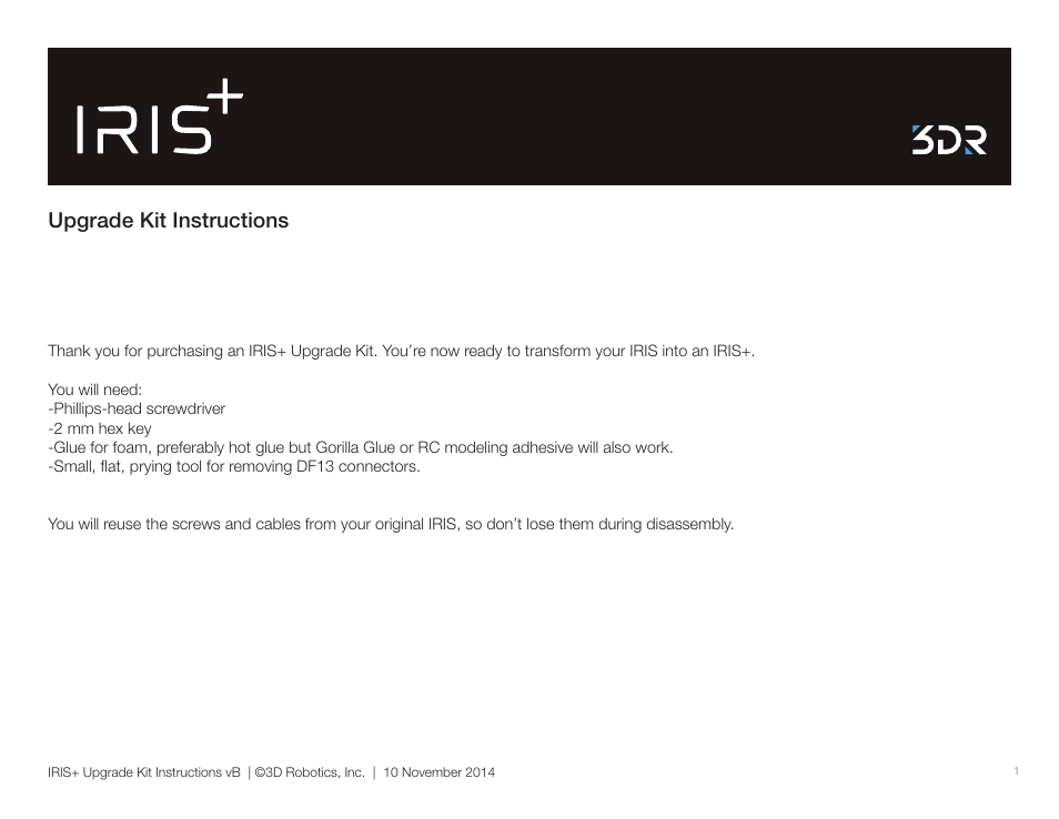 3D Robotics IRIS Plus Upgrade Kit User Manual | 8 pages