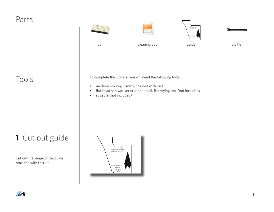 Parts tools, 1 cut out guide | 3D Robotics Original IRIS User Manual | Page 2 / 6