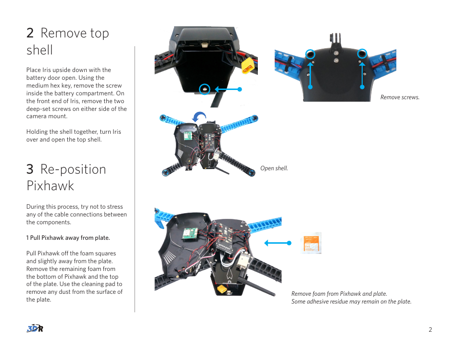 2 remove top shell, 3 re-position pixhawk | 3D Robotics Original IRIS User Manual | Page 3 / 6