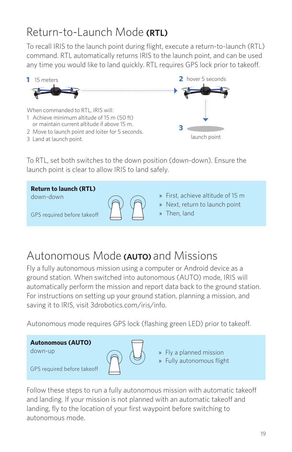 Return-to-launch mode, Autonomous mode, And missions | Rtl), Auto) | 3D Robotics IRIS User Manual | Page 21 / 24