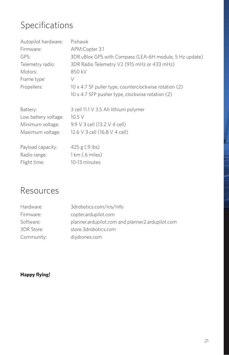 Specifications, Resources | 3D Robotics IRIS User Manual | Page 23 / 24