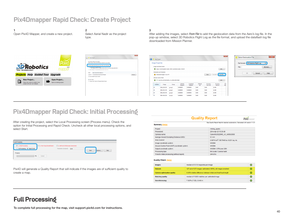 Pix4dmapper rapid check: create project, Pix4dmapper rapid check: initial processing, Full processing | 3D Robotics Aero-M User Manual | Page 41 / 47
