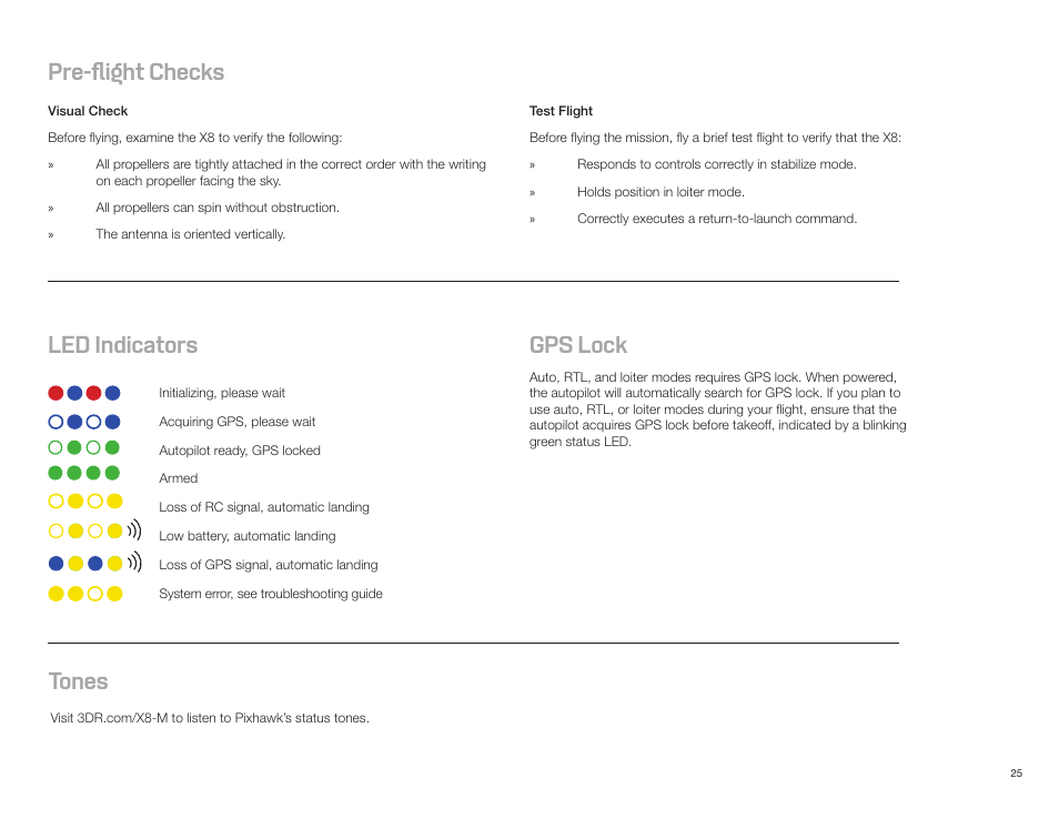 Pre-flight checks, Led indicators, Tones | Gps lock | 3D Robotics X8-M User Manual | Page 26 / 40