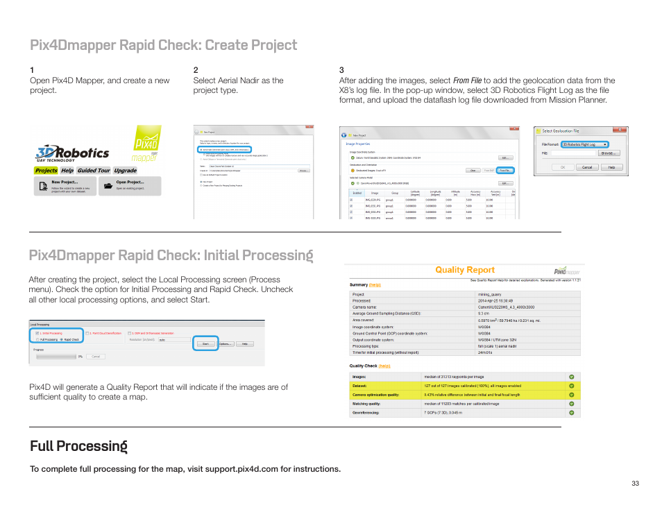 Pix4dmapper rapid check: create project, Pix4dmapper rapid check: initial processing, Full processing | 3D Robotics X8-M User Manual | Page 34 / 40