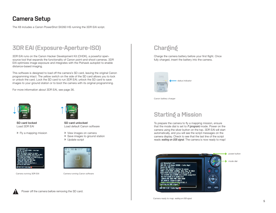 Camera setup, 3dr eai (exposure-aperture-iso), Charging | Starting a mission | 3D Robotics X8-M User Manual | Page 6 / 40