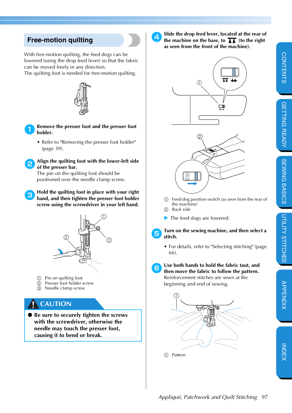 Free-motion quilting, Caution | Brother NX 600 User Manual | Page 103 / 159