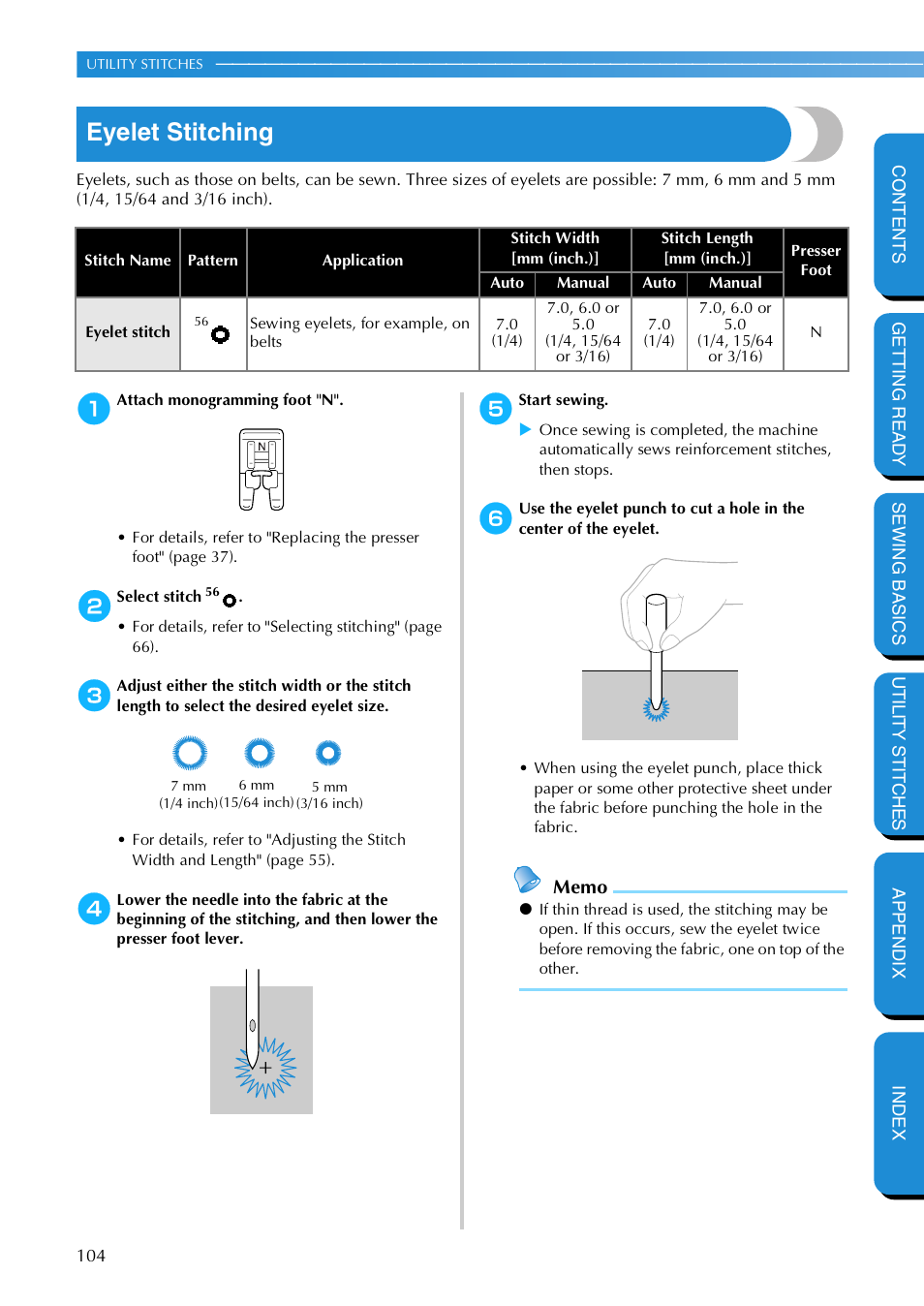 Eyelet stitching | Brother NX 600 User Manual | Page 110 / 159