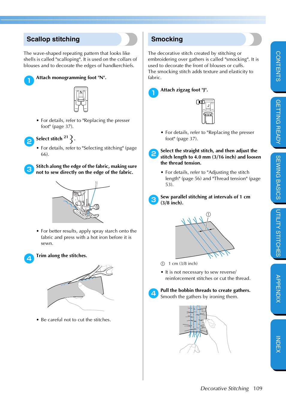 Scallop stitching, Smocking, Scallop stitching smocking | Brother NX 600 User Manual | Page 115 / 159
