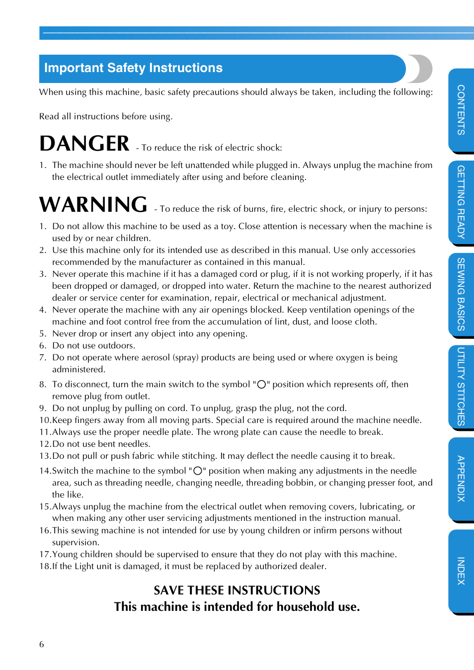 Important safety instructions, Danger, Warning | Brother NX 600 User Manual | Page 12 / 159