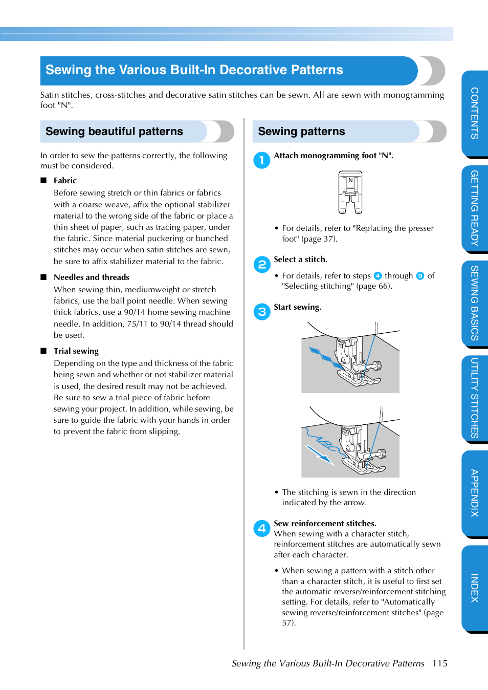 Sewing the various built-in decorative patterns, Sewing beautiful patterns, Sewing patterns | Sewing beautiful patterns sewing patterns | Brother NX 600 User Manual | Page 121 / 159