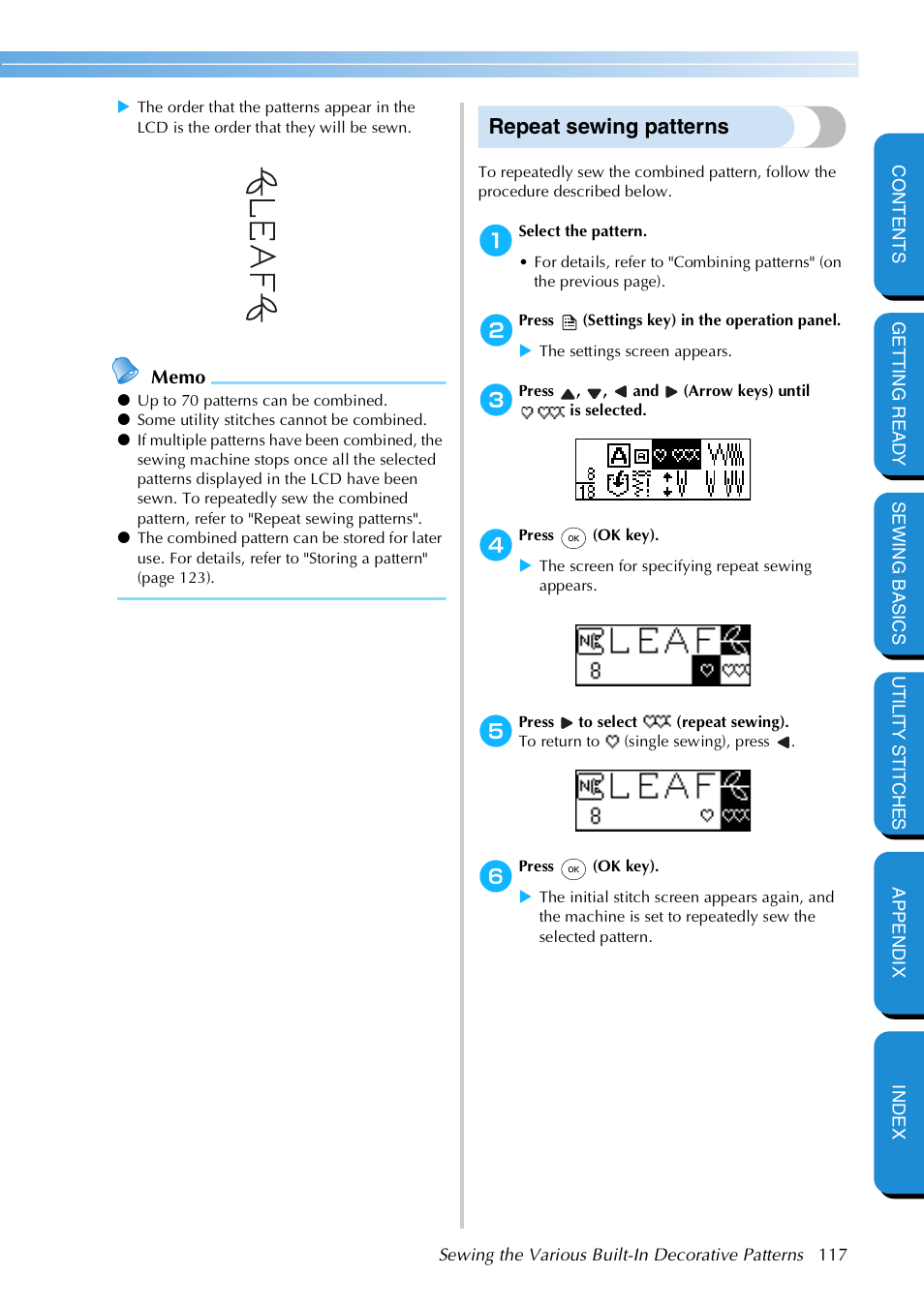 Repeat sewing patterns | Brother NX 600 User Manual | Page 123 / 159