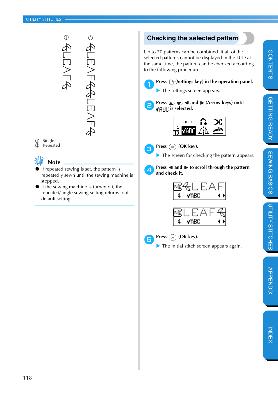 Checking the selected pattern | Brother NX 600 User Manual | Page 124 / 159
