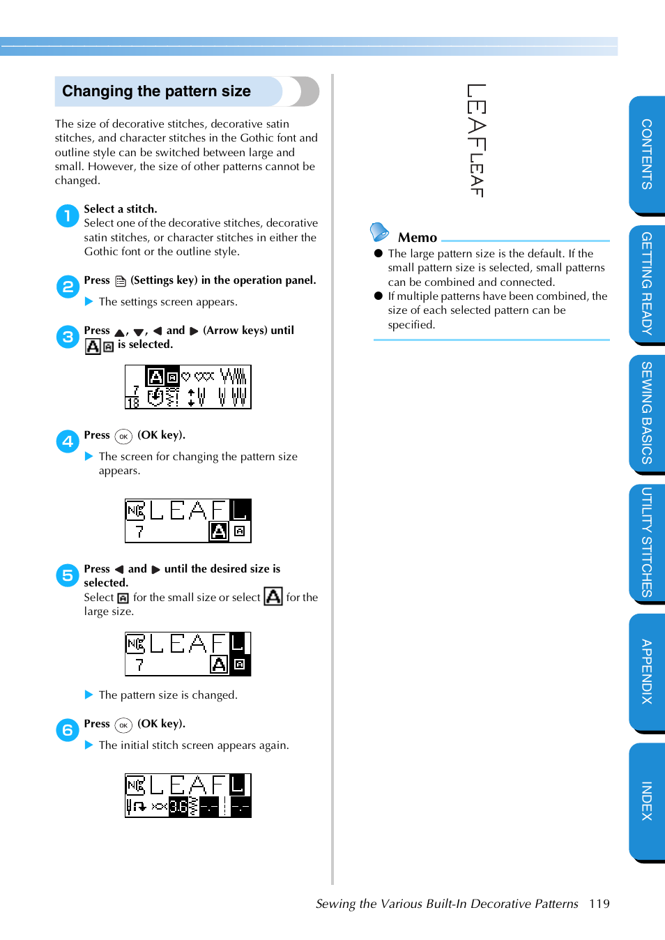 Changing the pattern size | Brother NX 600 User Manual | Page 125 / 159