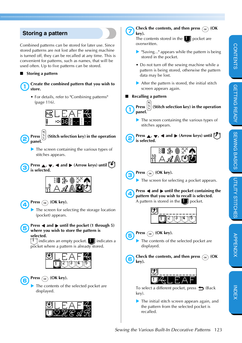 Storing a pattern | Brother NX 600 User Manual | Page 129 / 159