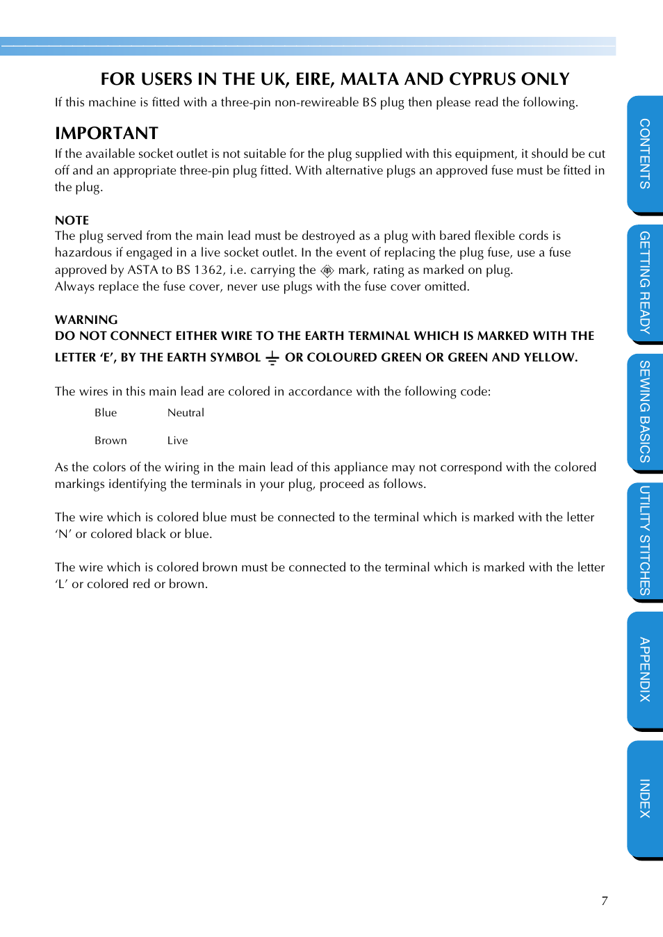 For users in the uk, eire, malta and cyprus only, Important | Brother NX 600 User Manual | Page 13 / 159