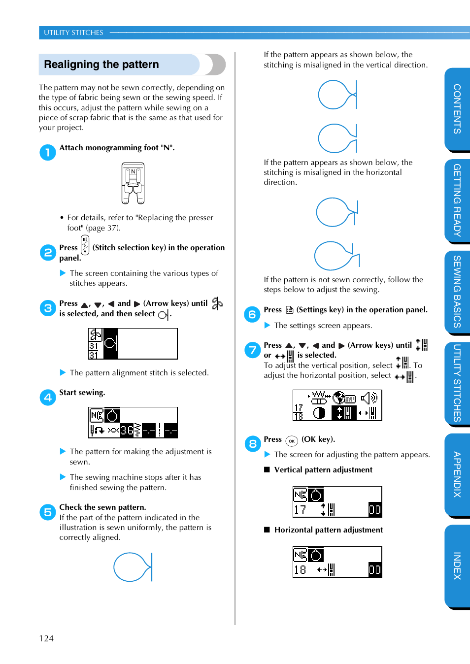 Realigning the pattern | Brother NX 600 User Manual | Page 130 / 159