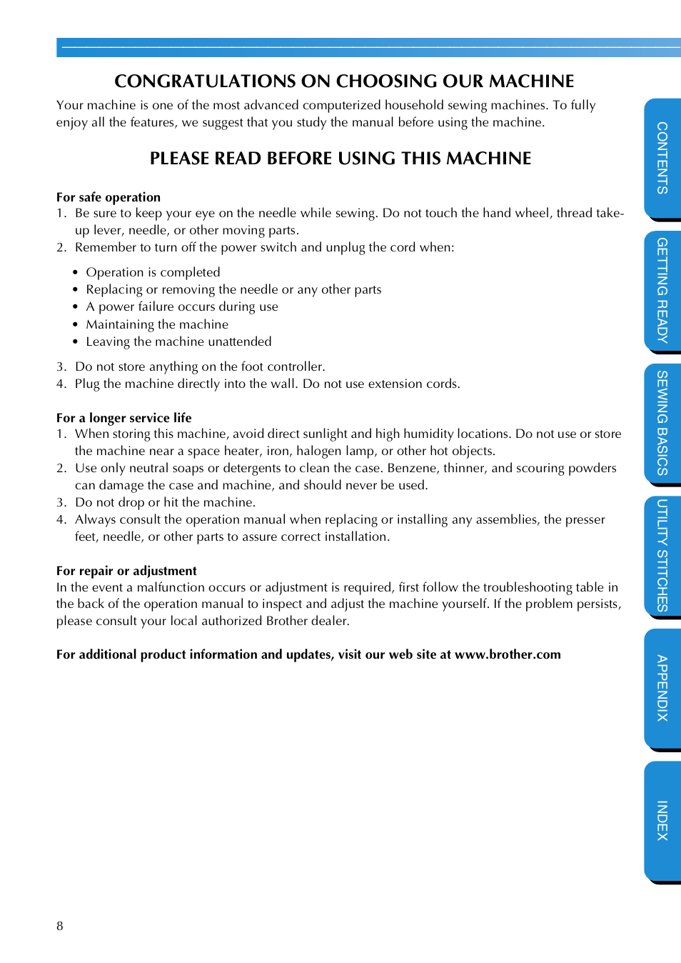Please read before using this machine | Brother NX 600 User Manual | Page 14 / 159