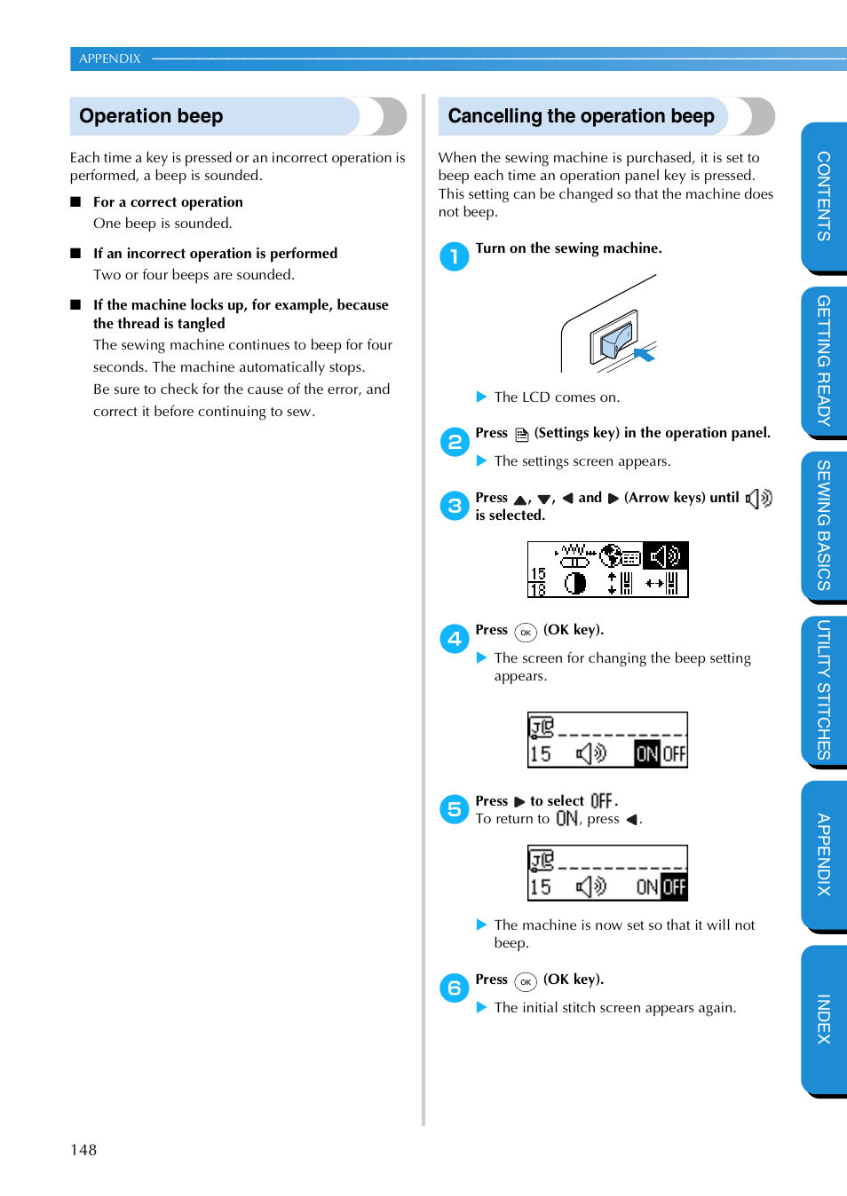 Operation beep, Cancelling the operation beep, Operation beep cancelling the operation beep | Brother NX 600 User Manual | Page 154 / 159
