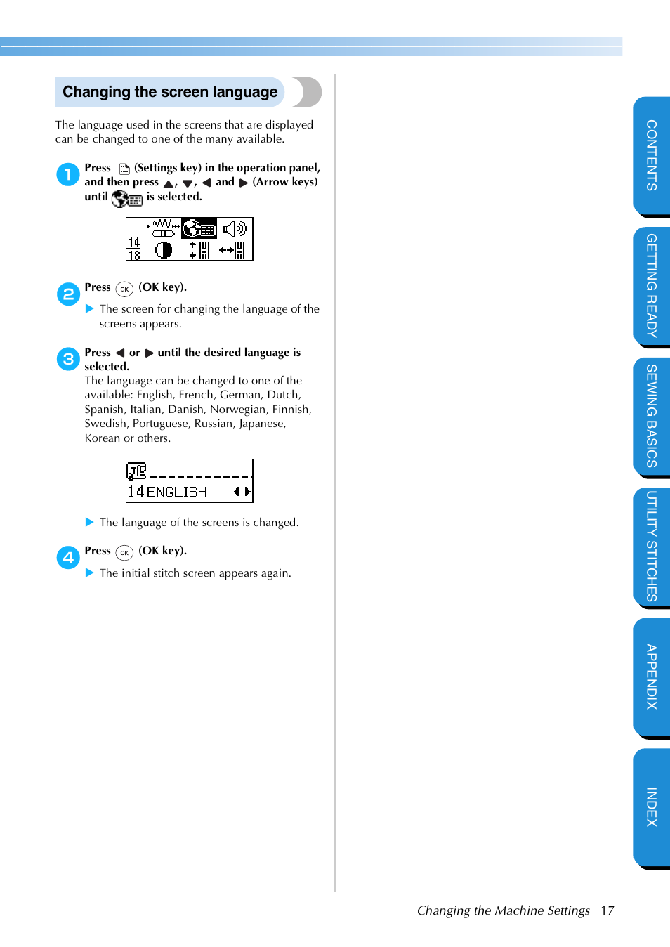 Changing the screen language | Brother NX 600 User Manual | Page 23 / 159