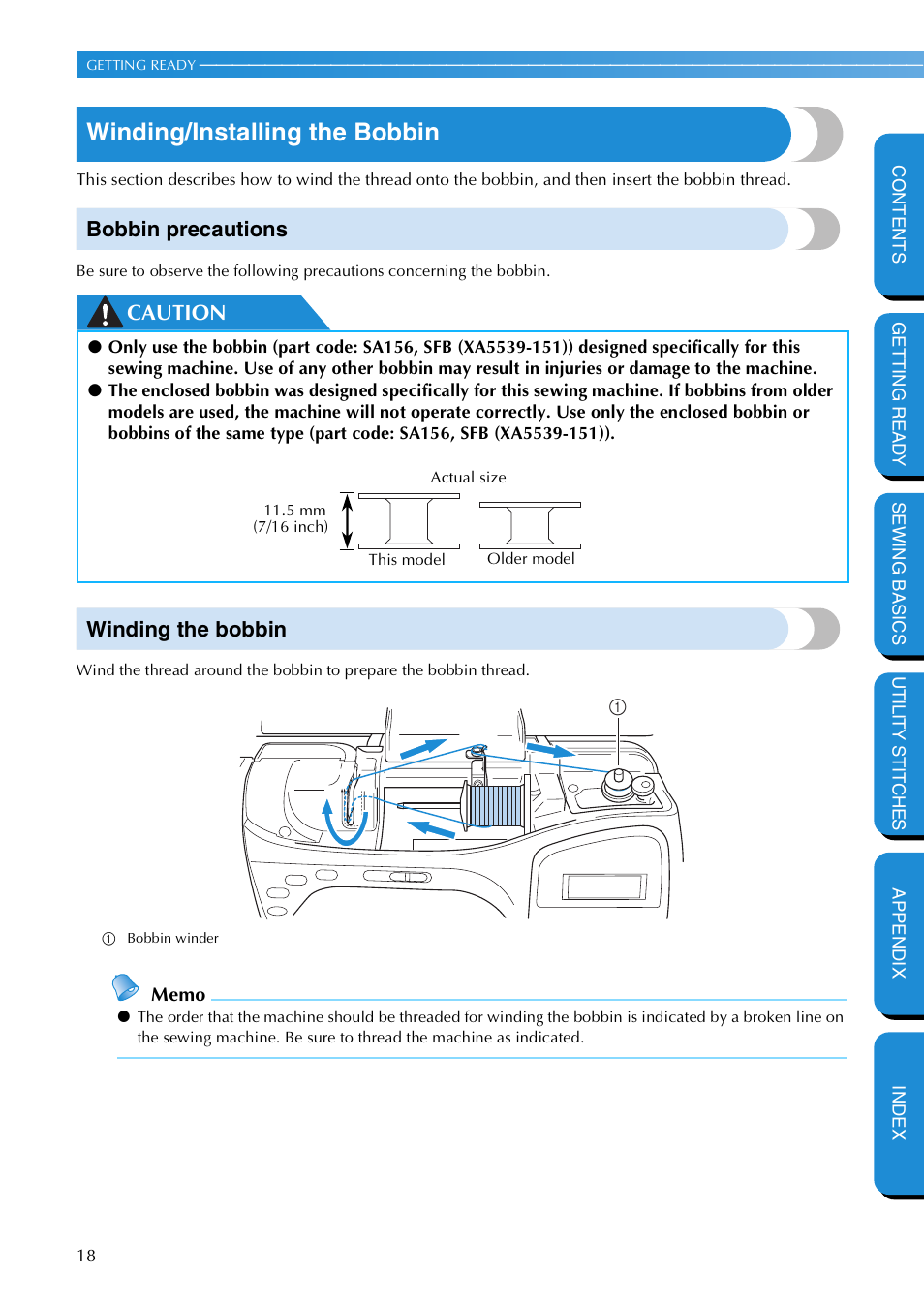 Winding/installing the bobbin, Bobbin precautions, Winding the bobbin | Bobbin precautions winding the bobbin, Caution winding the bobbin | Brother NX 600 User Manual | Page 24 / 159