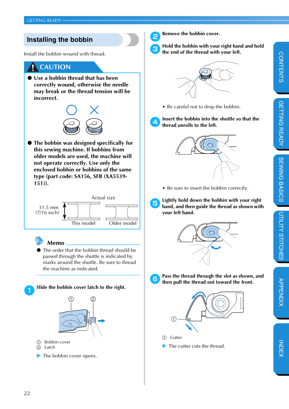 Installing the bobbin, Caution | Brother NX 600 User Manual | Page 28 / 159