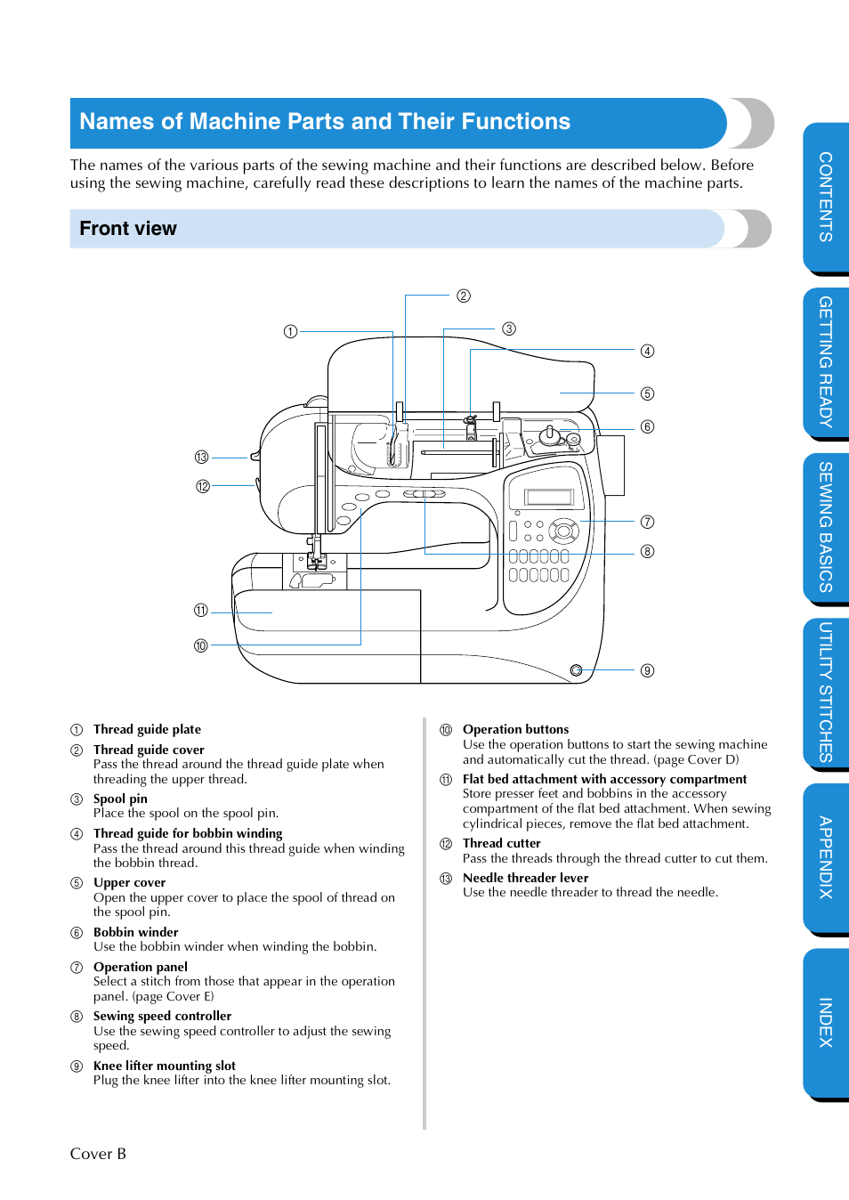 Names of machine parts and their functions, Front view | Brother NX 600 User Manual | Page 3 / 159