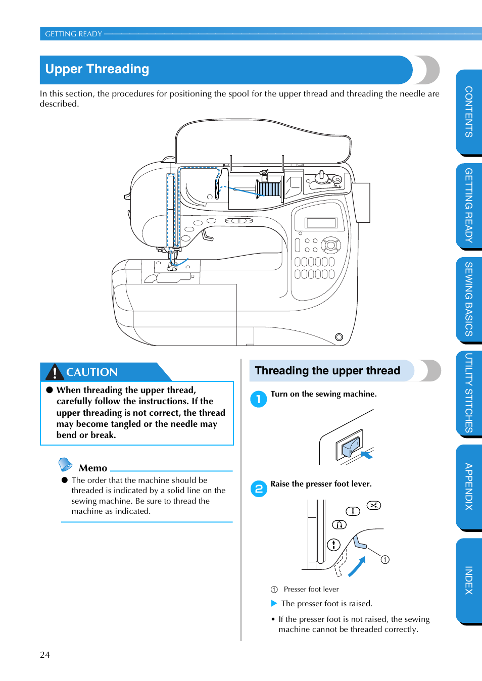 Upper threading, Threading the upper thread, Caution | Brother NX 600 User Manual | Page 30 / 159